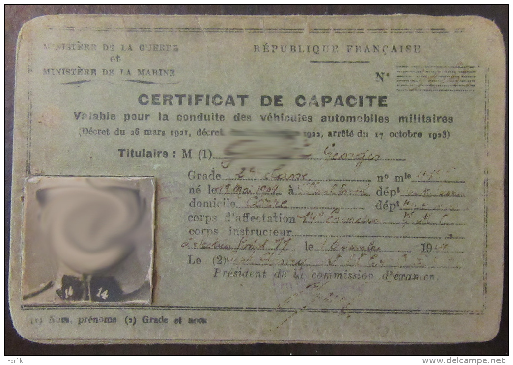 Certificat De Capacité Militaire Pour La Conduite De Voitures De Combat Et Camions - Documents Historiques