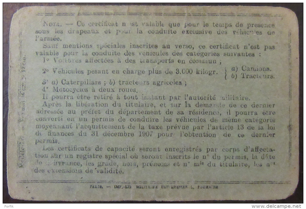 Certificat De Capacité Militaire Pour La Conduite De Voitures De Combat Et Camions - Documents Historiques