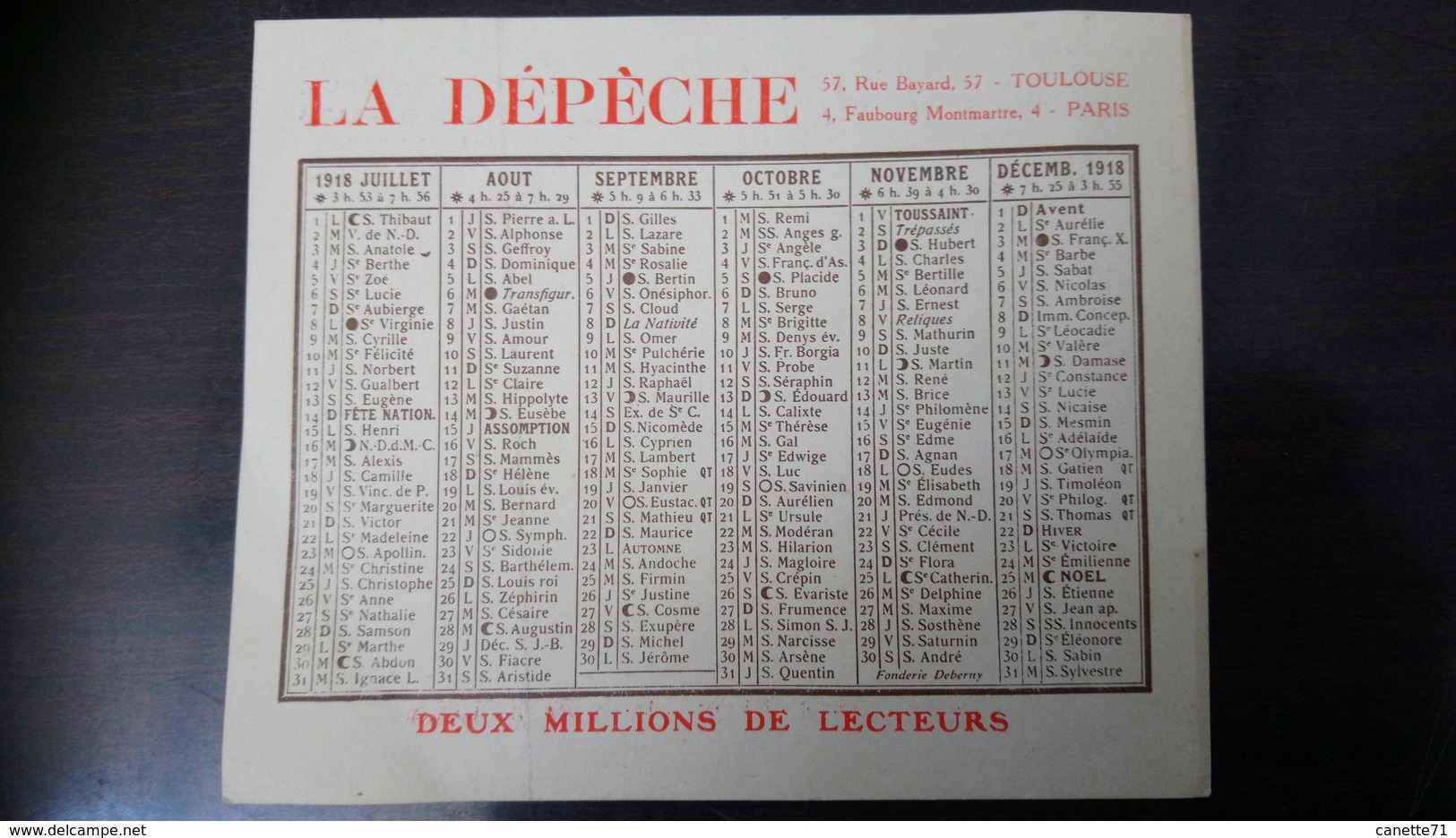 Calendrier La Dépêche 1918 - Petit Format : 1901-20