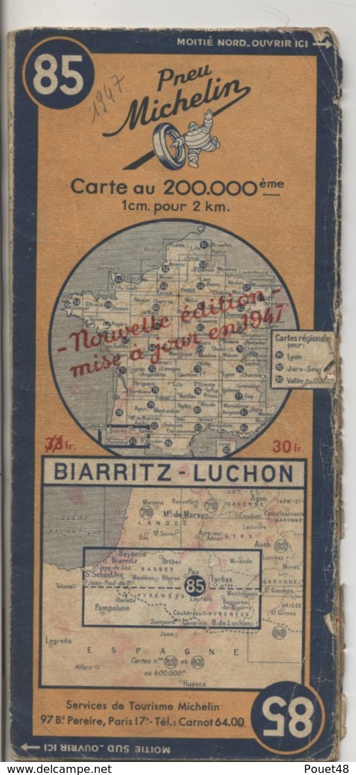 Carte Routière MICHELIN - N° 85 - Biarritz - Lucon - 1947 - Cartes Routières