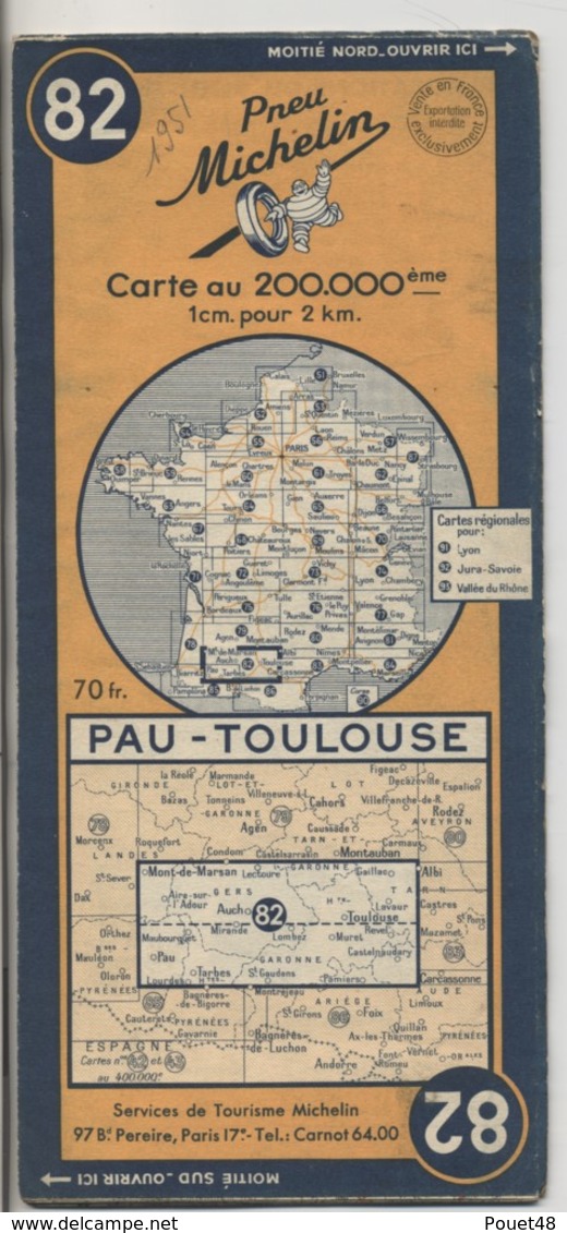 Carte Routière MICHELIN - N° 82 - Pau - Toulouse - 1951 - Cartes Routières