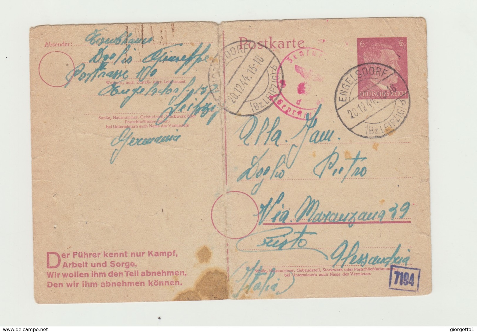 INTERO POSTALE TEDESCO 6  DEUTSCHES REICH VIAGGIATA 20/12/1944 CONDIZIONI SUFFICIENTI - 1939-45