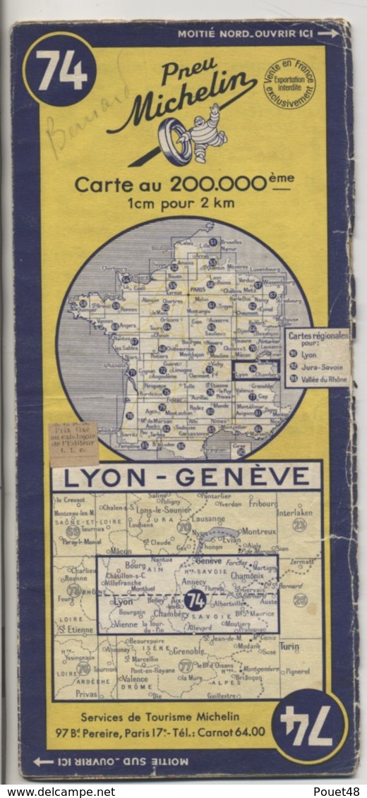 Carte Routière MICHELIN - N° 74 - Lyon - Genève - 1953 - Cartes Routières