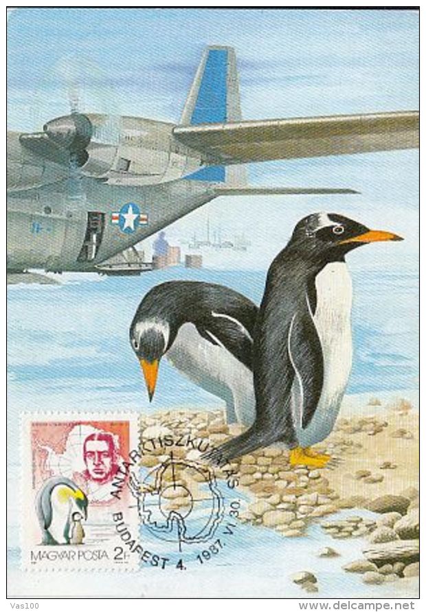 SOUTH POLE, ANTACTIC EXPEDITION, E.H. SHACKLETON, PENGUINS, PLANE, CM, MAXICARD, CARTES MAXIMUM, 1987, HUNGARY - Antarctische Expedities