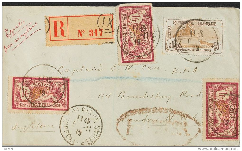 France  COVER. Yv 121(3), 153. 1919. 1 Fr Lie De Vin And Olive, Three Stamps (one With Crease On Margin) And 50 Cts + 50 - Autres & Non Classés