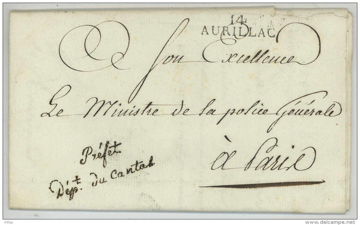 Marque Préfet Du Cantal / LàC 1810 D'Aurillac Au Ministre De La Police Générale à Paris . Signé Riou De Kersalaün . - 1801-1848: Précurseurs XIX