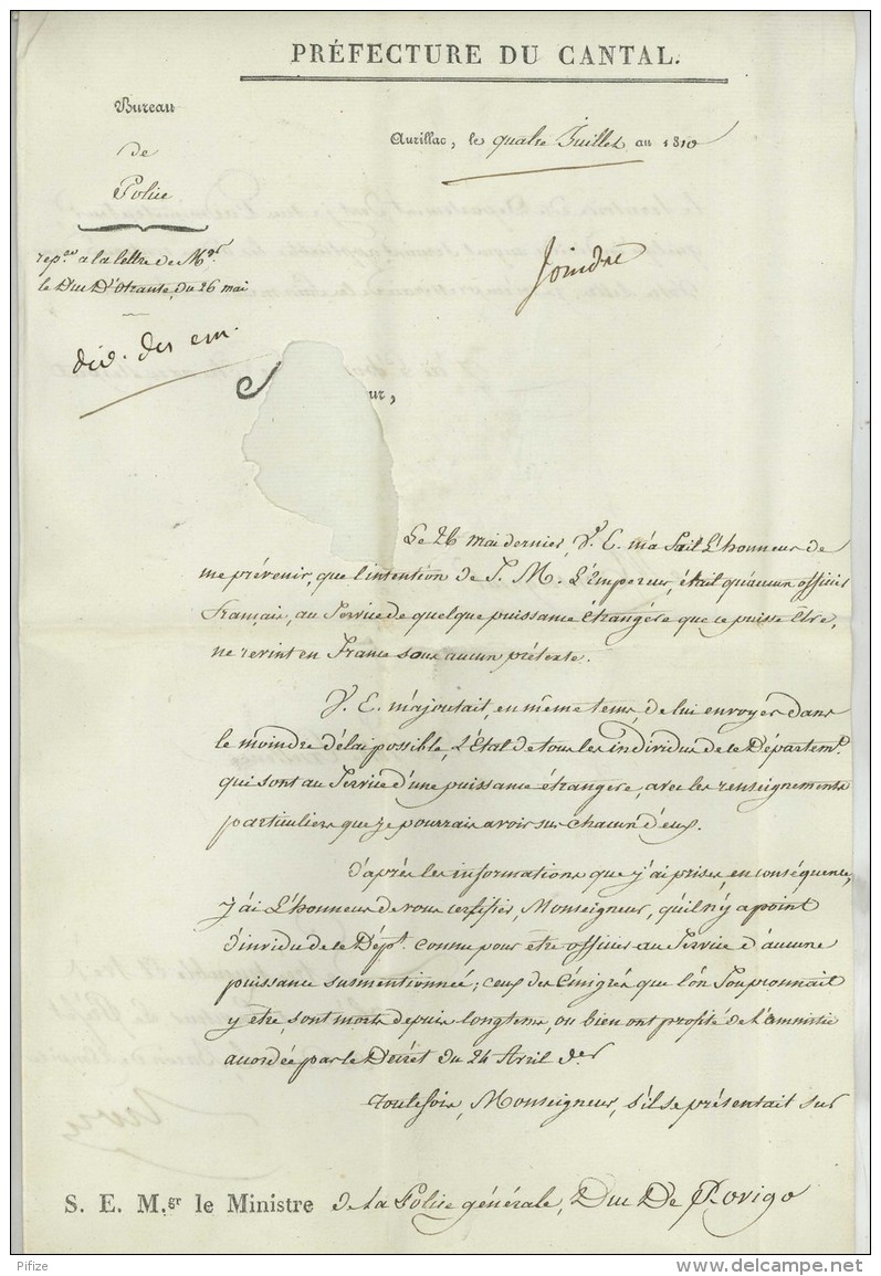 Marque Préfet Du Cantal / LàC 1810 D'Aurillac Au Ministre De La Police Générale à Paris . Signé Riou De Kersalaün . - 1801-1848: Précurseurs XIX