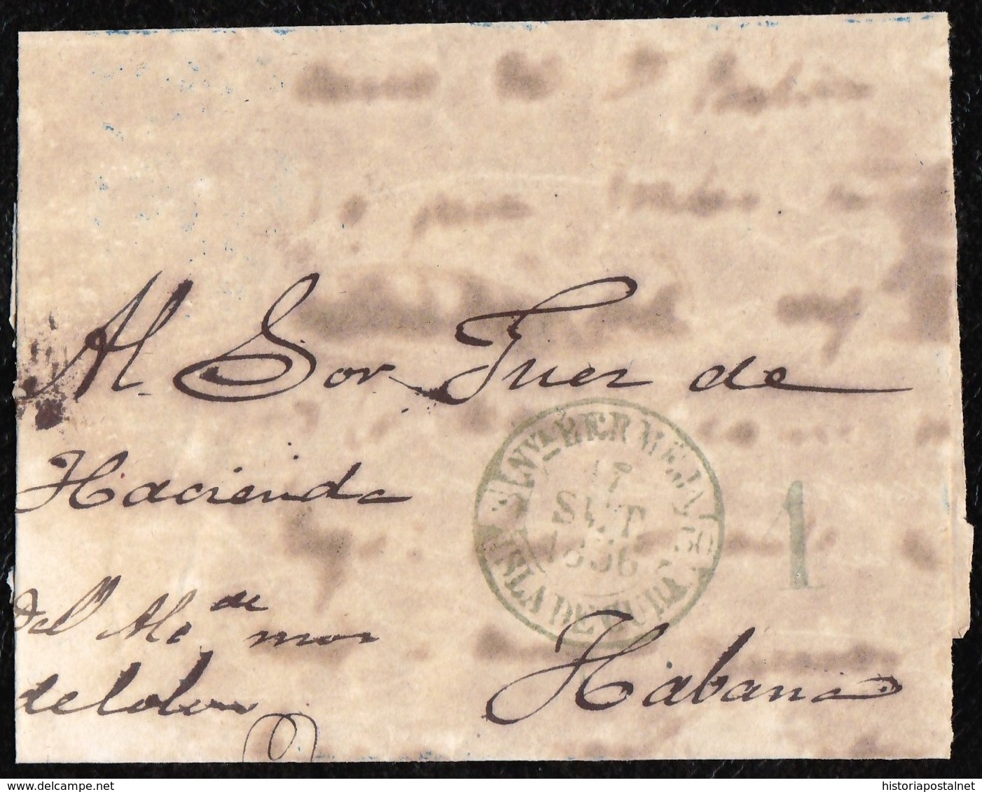 1856. ENVUELTA A LA HABANA. FECHADOR "NVA. BERMEJA/ISLA DE CUBA" EN VERDE. MUY RARA. - Prephilately