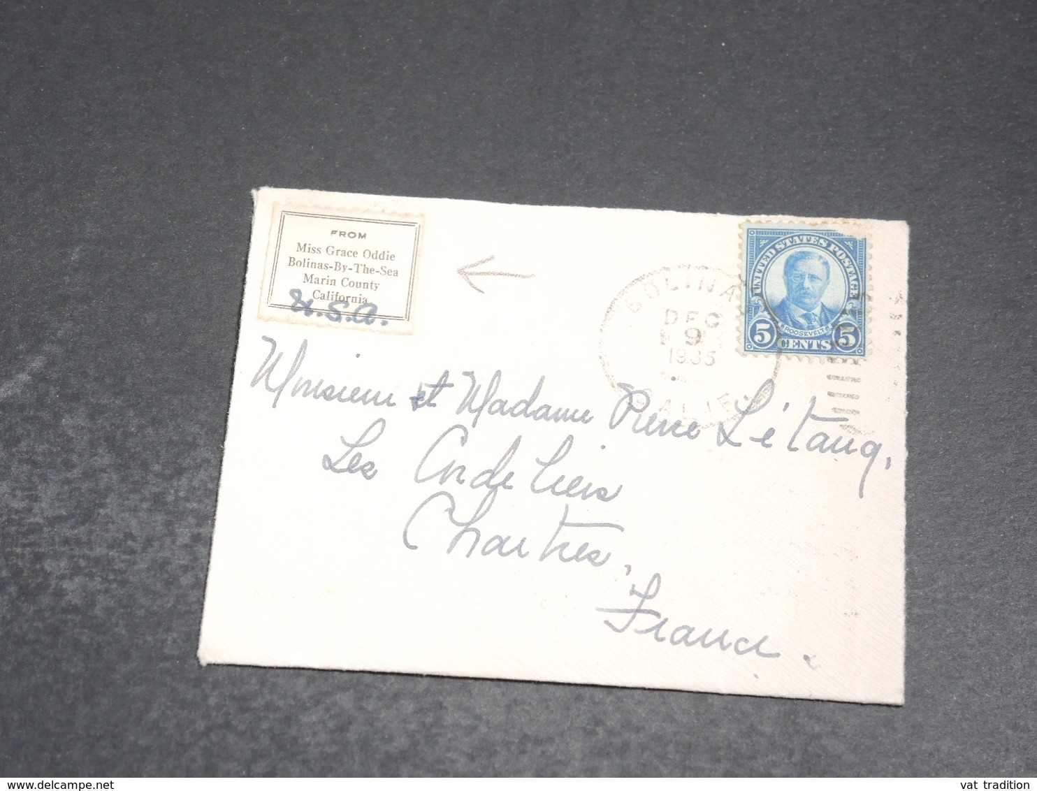 ETATS UNIS - Enveloppe De Bolinas By The Sea Pour La France En 1935 - L 20379 - Marcofilie