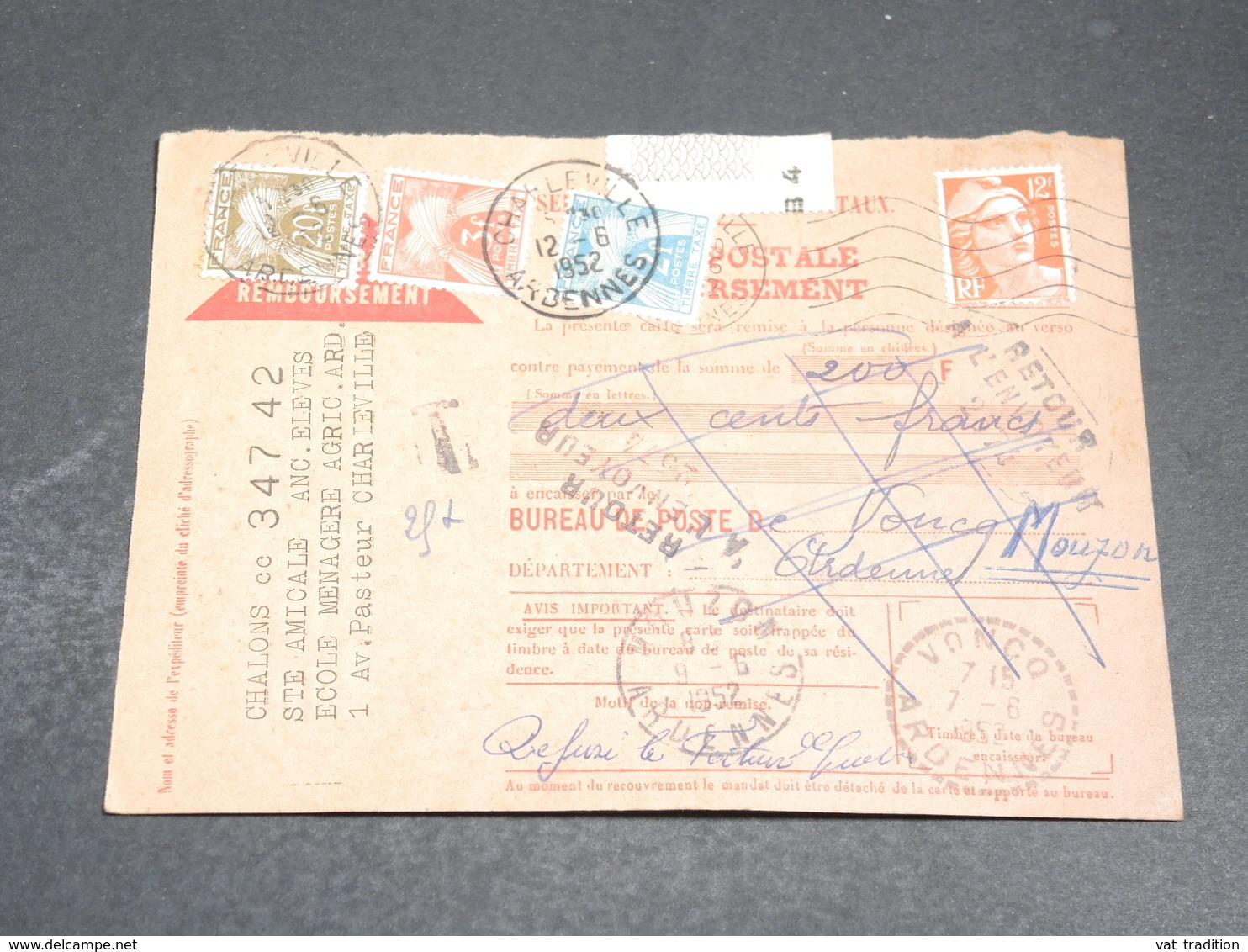 FRANCE - Carte Contre Remboursement De Charleville Pour Vonq , Refusé , Taxé En 1952 - L 20385 - 1859-1959 Lettres & Documents