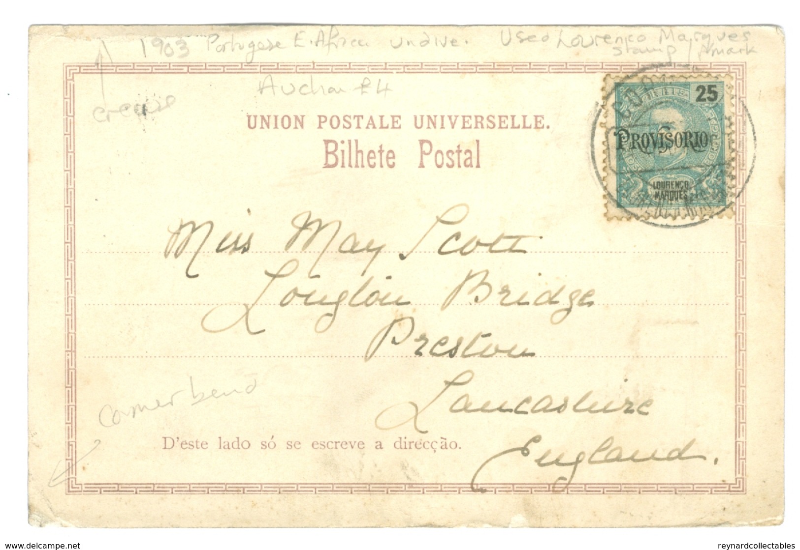 1903, Portugese East Africa. Printed Pc, Used, Lourenico Marques Stamp/pmk. - Unclassified