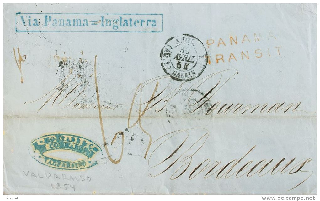 Chile . Agencia Postal Británica SOBRE. Yv . 1854. VALPARAISO A BURDEOS. Marcas PANAMA / TRANSIT , En Rojo, VIA PANAMA-I - Chile