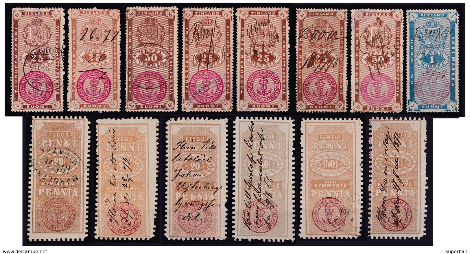 FINLAND / SUOMI : 14 TIMBRES FISCAUX ANCIENS / 14 OLD DUTY / REVENUE STAMS ~ 1870 - '75 (ab851) - Fiscale Zegels