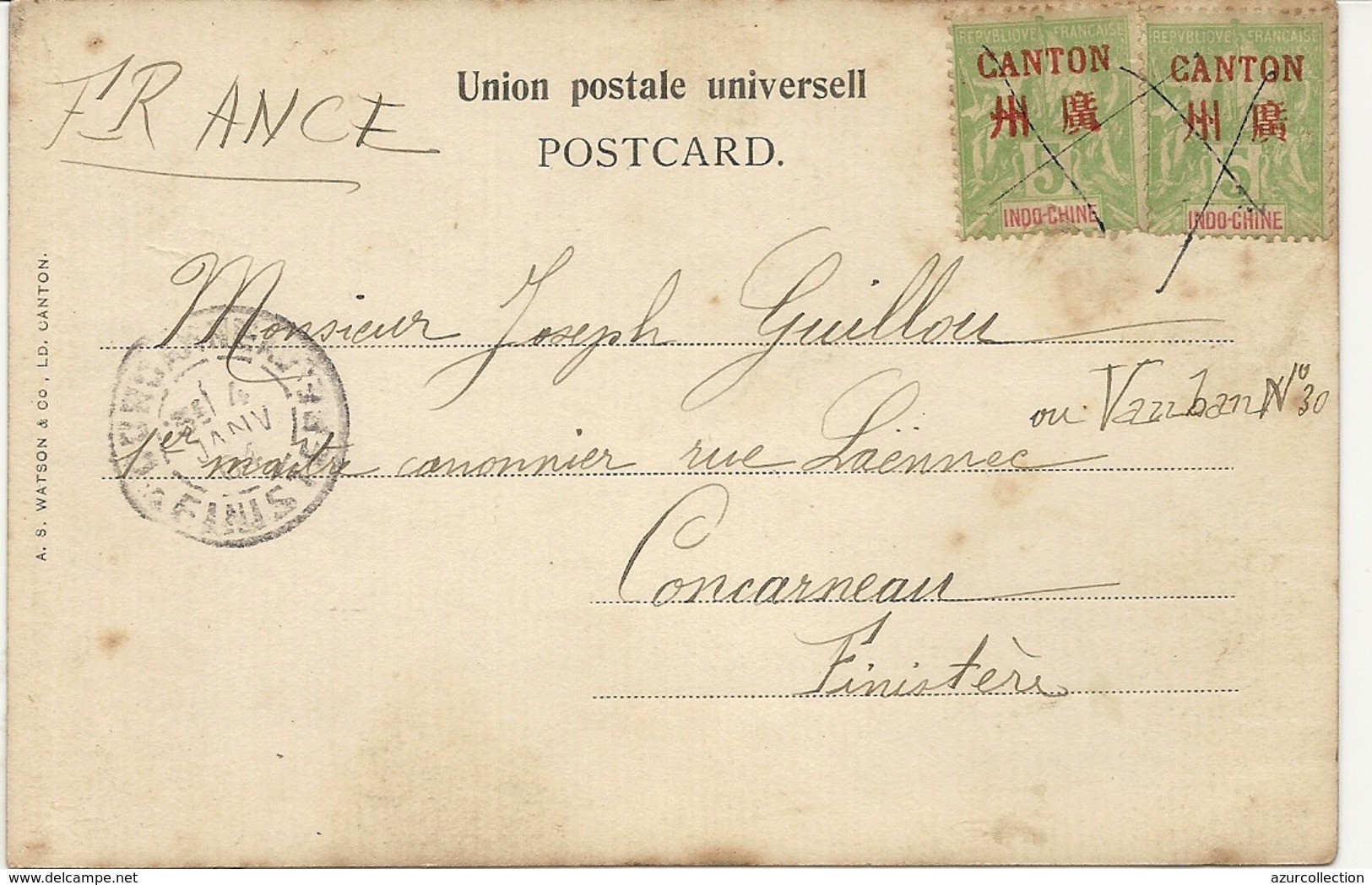 CPA DE CANTON POUR FRANCE .TIMBRES SURCHARGES CANTON .OBLITERATION PLUME A ARRIVEE - Brieven En Documenten
