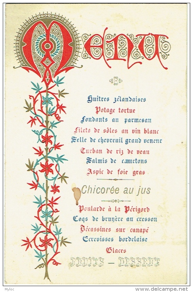 Ancien Menu. Huitres Zélandaises, Potage Tortue, Chicorée Au Jus...... - Menus