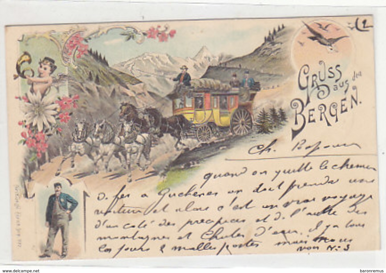 Gruss Aus Den Bergen - Postkutsche - Litho - 1897    (180722) - Gruss Aus.../ Grüsse Aus...