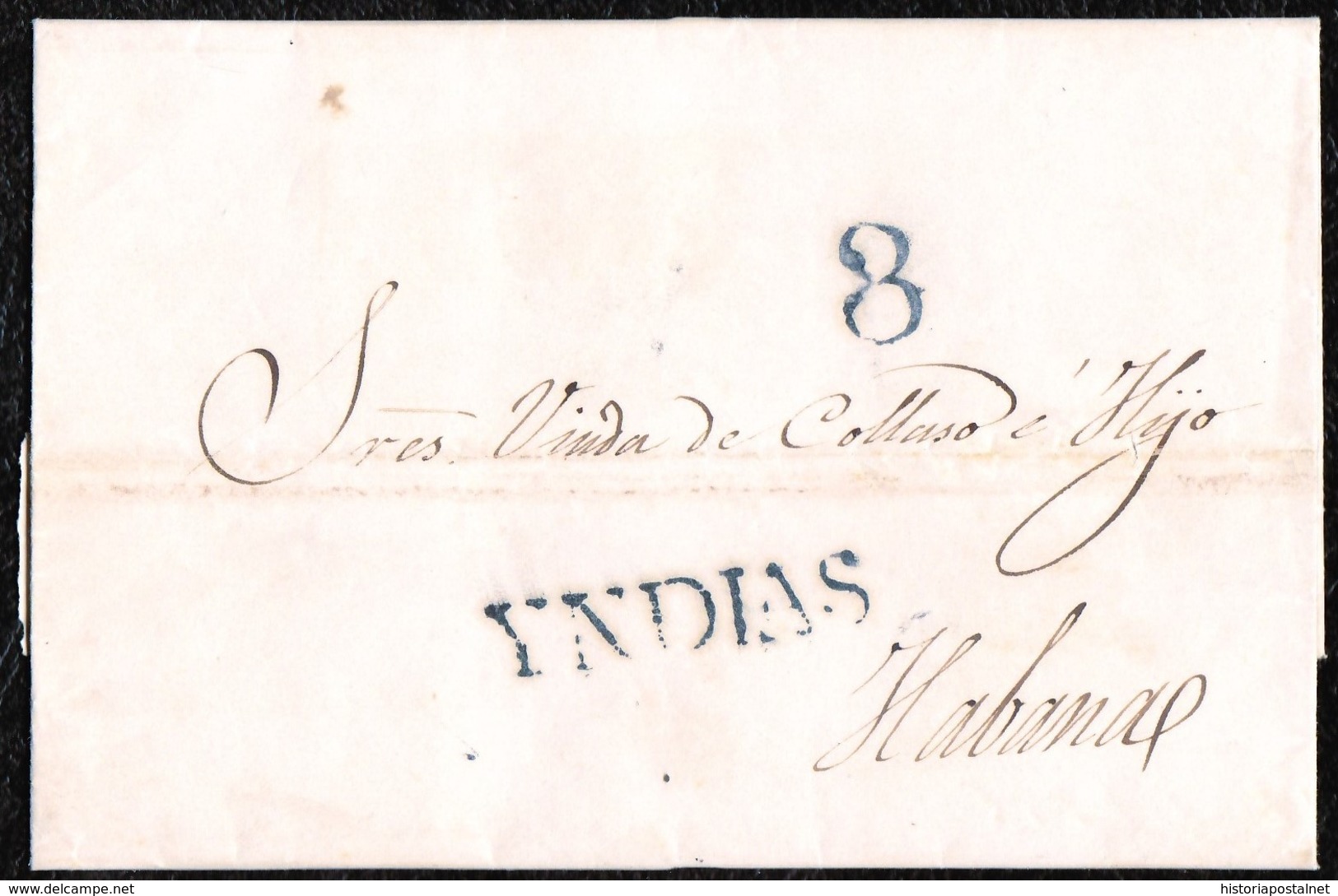 1838. CAMPECHE A HABANA. MARCA "YNDIAS" NEGRO ESTAMPADA A LA LLEGADA. MANÍFICA Y MUY RARA EN CARTA DE MÉXICO. - México