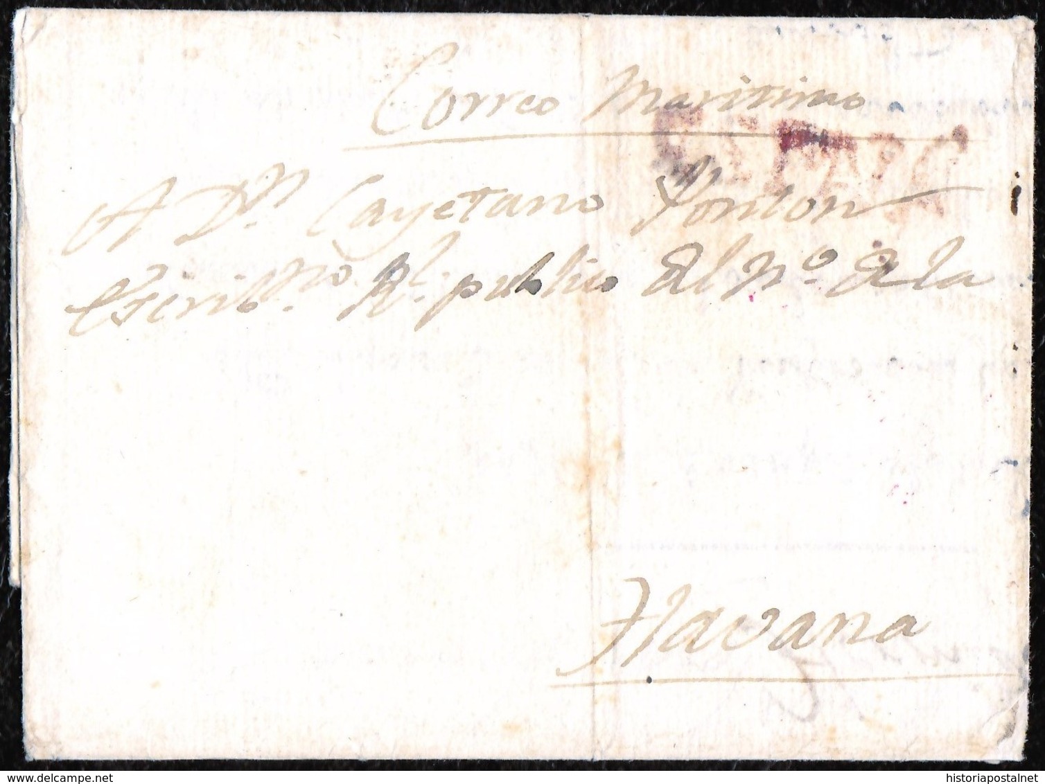 1799. SANTA FEE A HABANA. ENVUELTA VIA LA CORUÑA. MARCA "ESPAÑA" EN ROJO. RARA CIRCULACIÓN TRANSATLÁNTICA SIGLO XVIII. - Colombia