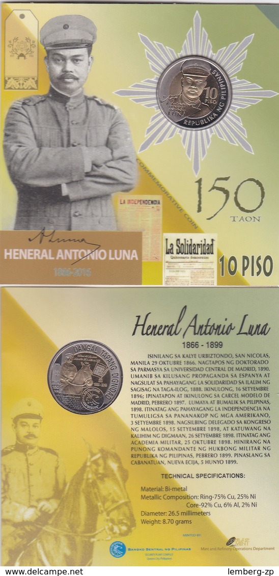 Philippines - 10 Piso 2016 UNC 150 TAON Heneral Antonio Luna In Folder Lemberg-Zp - Philippines