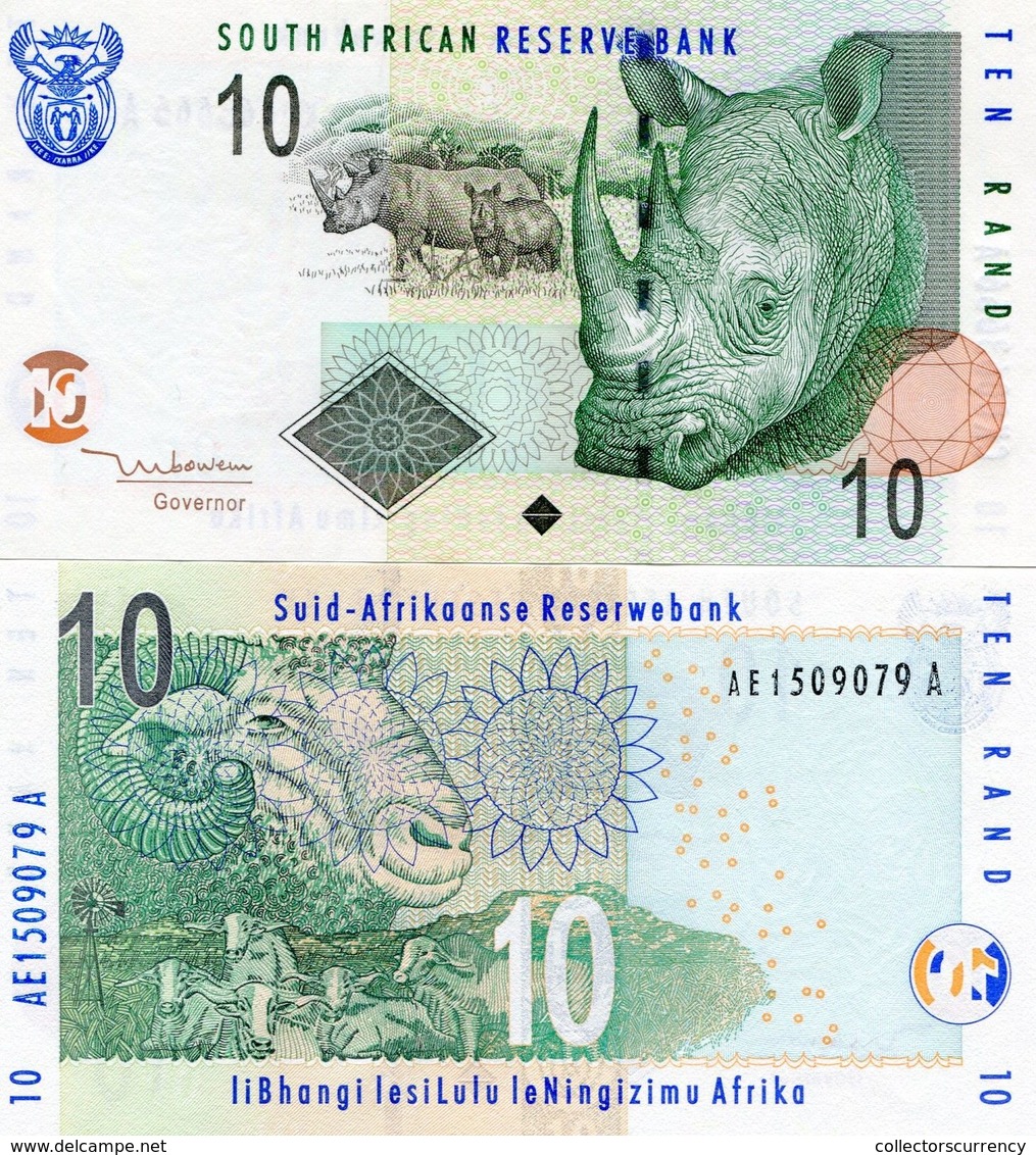 South Africa 2005 10 RAND R10 Rhino Uncirculated Banknote Tito Mboweni Governor - Sudafrica