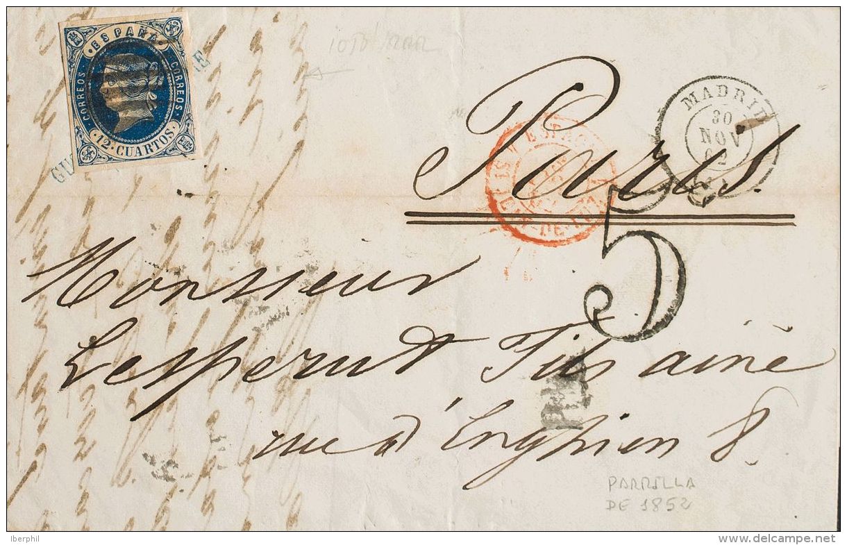 Isabel II. Periodo Sin Dentar SOBRE. 59. 1862. 12 Cuartos Azul. MADRID A PARIS (FRANCIA). Matasello PARRILA. MAGNIFICA Y - Lettres & Documents
