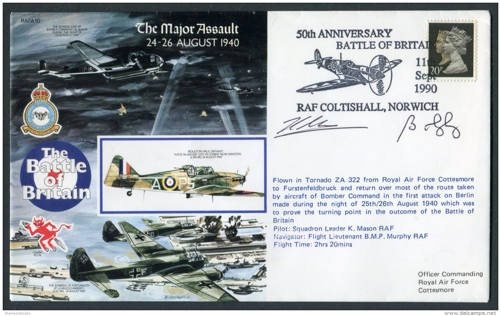 1990 GB RAF Flight Cover, Battle Of Britain,  Coltishall, Pilot Signed. Bomber Command, Tornado - Covers & Documents