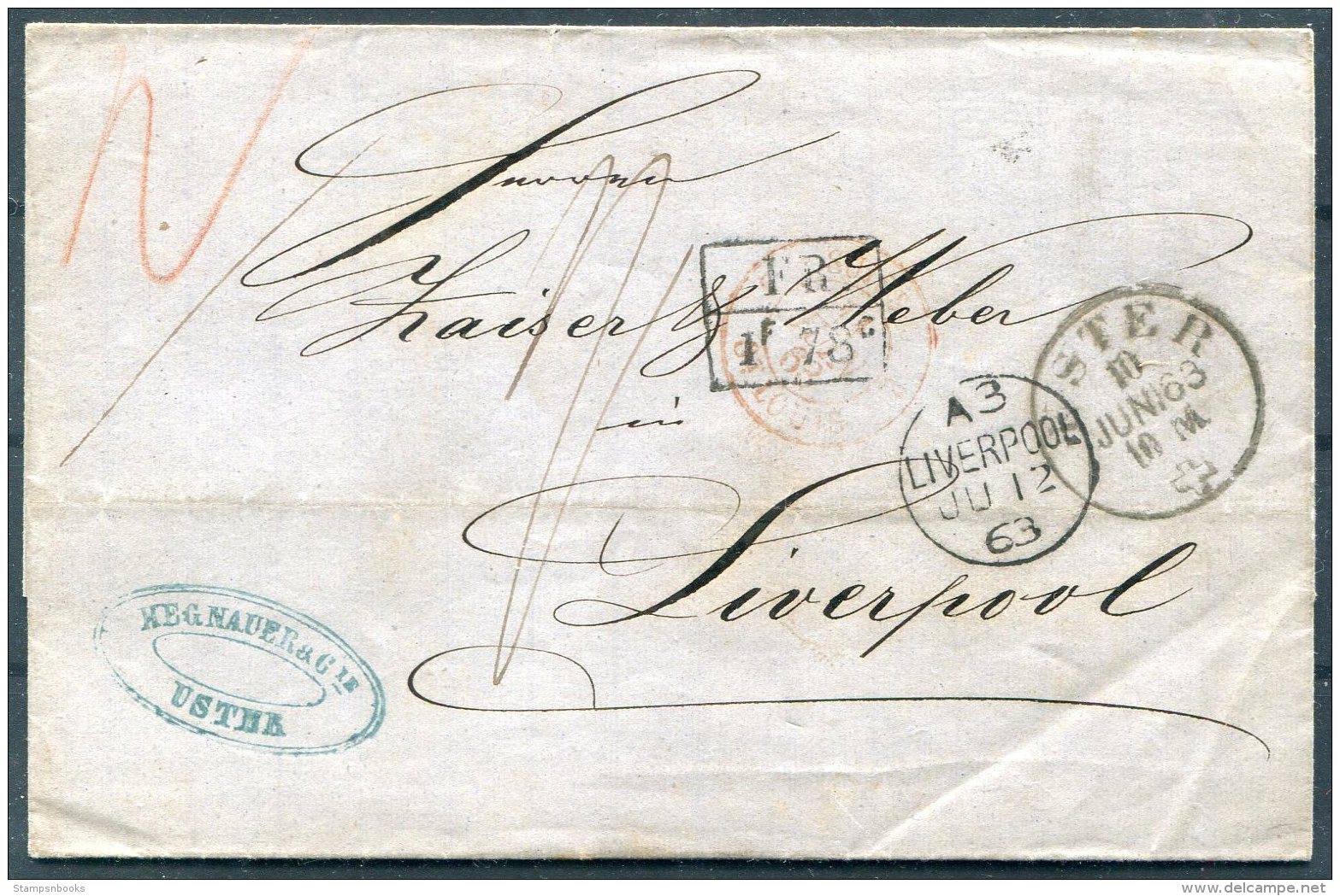 1863 Switzerland GB Cover Uster - Liverpool. Aarau / Winterthur, Chur / Zurich Railway TPO - Briefe U. Dokumente