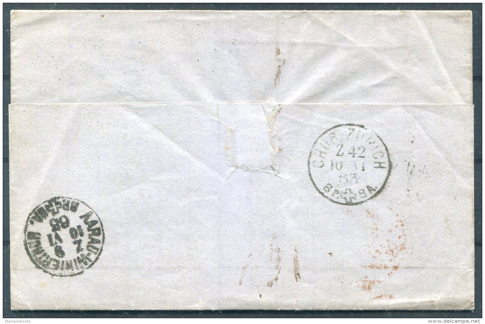 1863 Switzerland GB Cover Uster - Liverpool. Aarau / Winterthur, Chur / Zurich Railway TPO - Briefe U. Dokumente