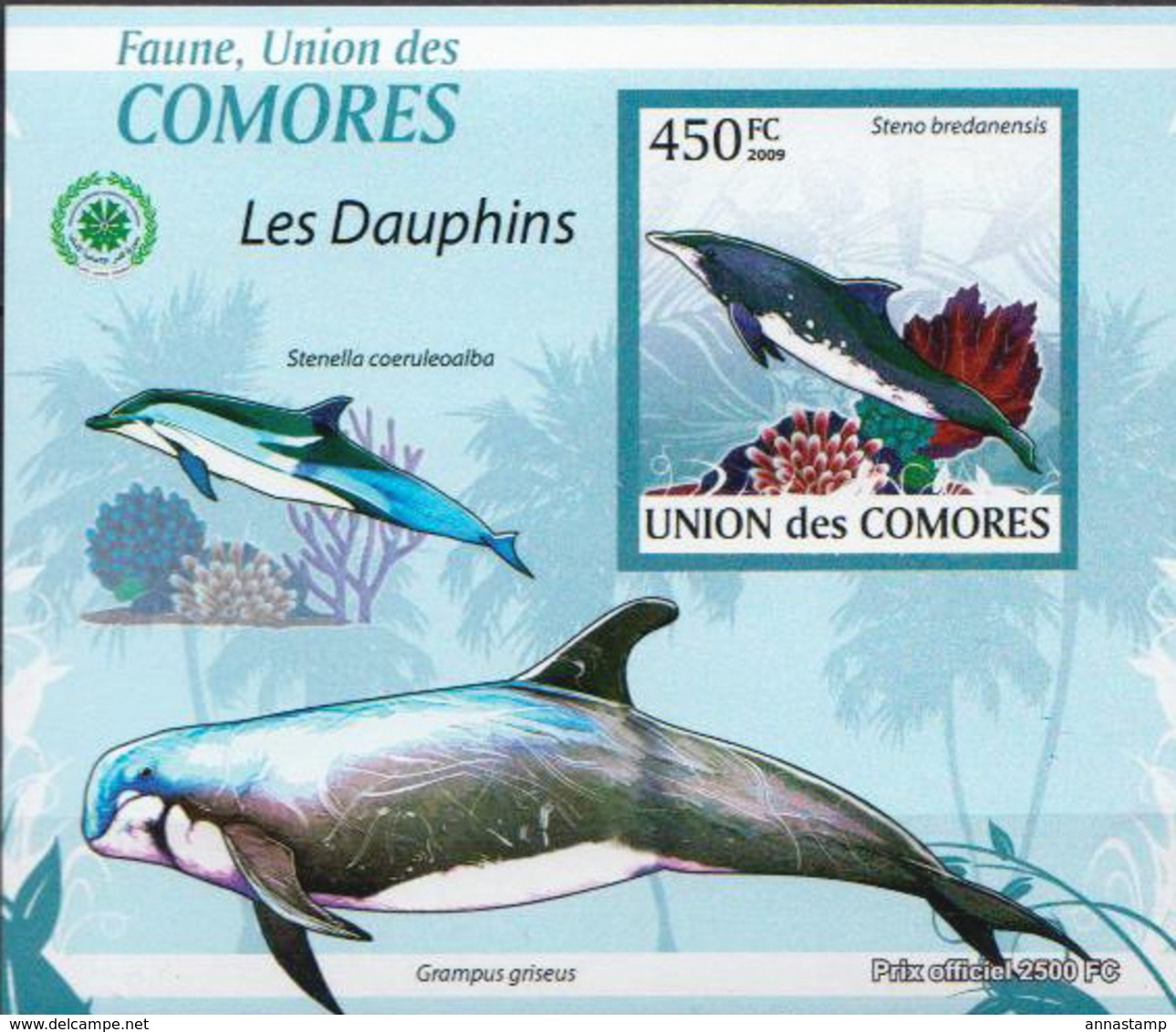 Comores MNH Dolphins Set Of 5 Deluxe Imperforated SSs - Dolphins