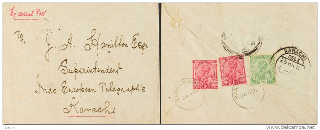 India Británica  SOBRE. Yv 76, 77(2). 1919. &frac12; A Verde, 1 A Rojo Carmín, Dos Sellos (franqueados Al Dorso). BANDAR - Fichas De Municipios