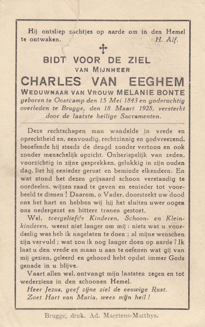 Van Eeghem Charles - Bonte Melanie ° Oostkamp 1843 + Brugge 1928    Lot 538 - Santini