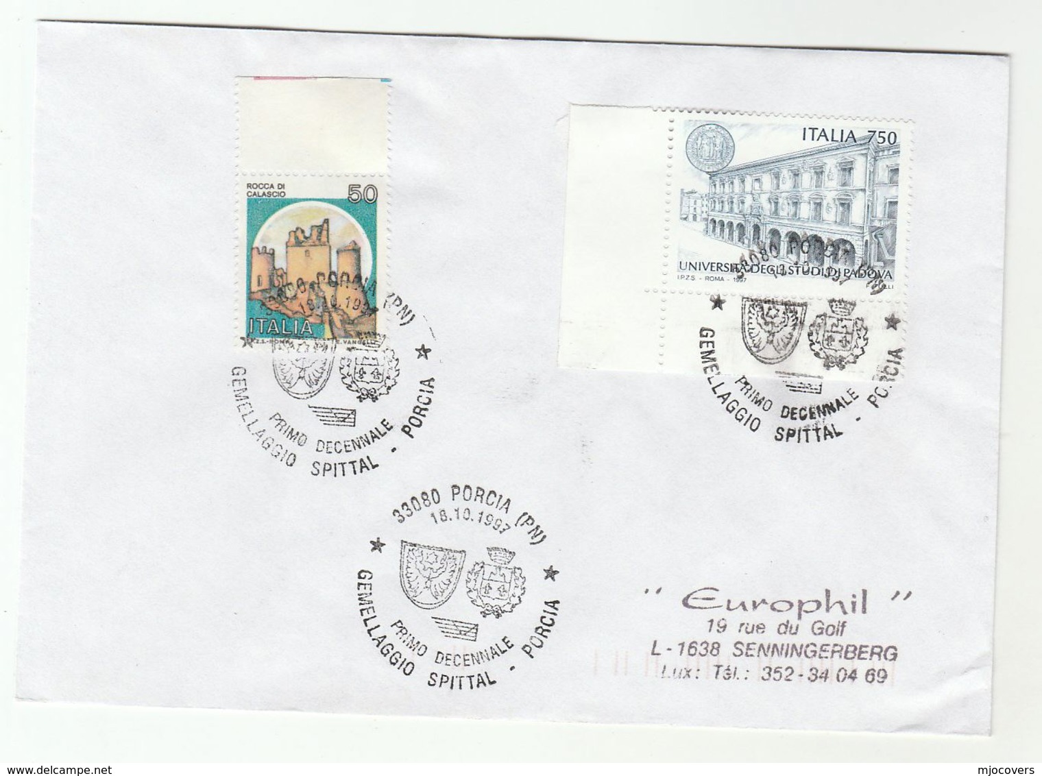 1997 TWINNING - PORCIA & SPITTAL  EVENT COVER  Porcia Heraldic ITALY Stamps University - 1991-00: Storia Postale