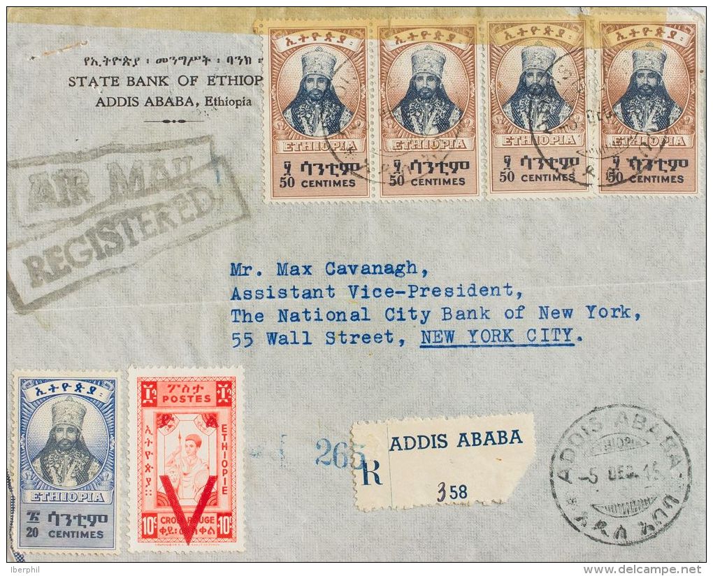 Ethiopia  COVER. Yv 225, 223, 241. 1945. 50 Cts Brown, Four Stamps, 20 Cts, Blue (negligible Fault) And 10 Cts Orange Ov - Etiopía
