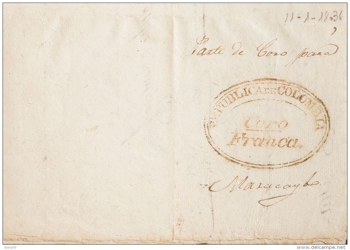Colombia . Prefilatelia SOBRE. Yv . 1836. CORO A MARACAIBO (restaurada Parcialmente (plastificada) Al Dorso). Marca REPU - Colombia