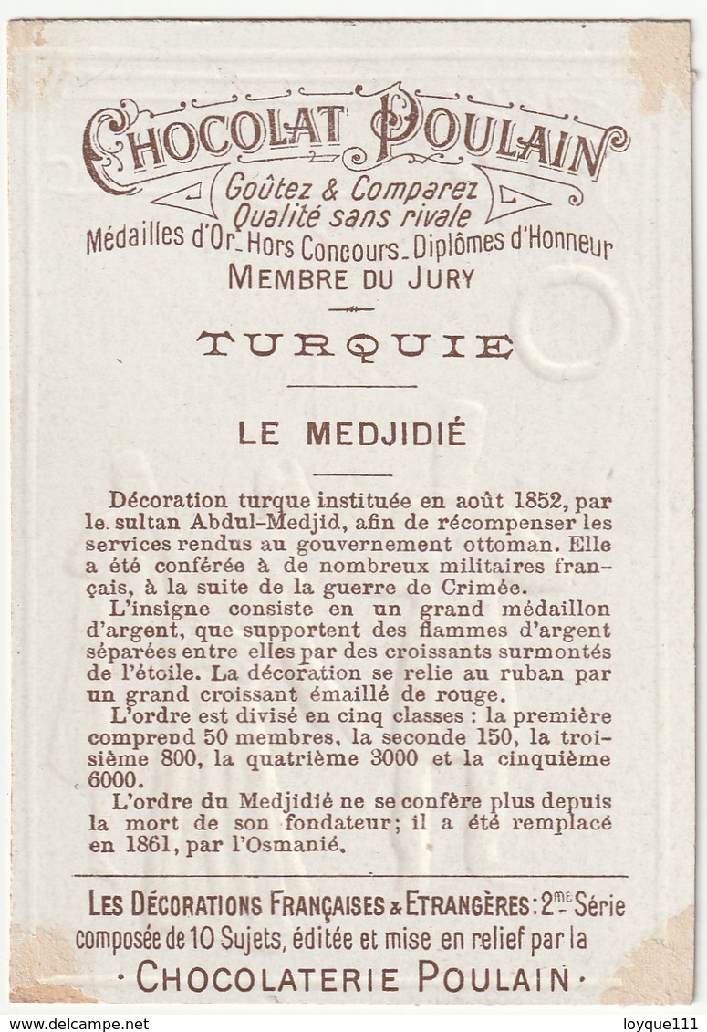 Chromo Chocolat Poulain (les Décorations Françaises Et étrangères) N°4- Turquie. Le Medjidié - Chocolate