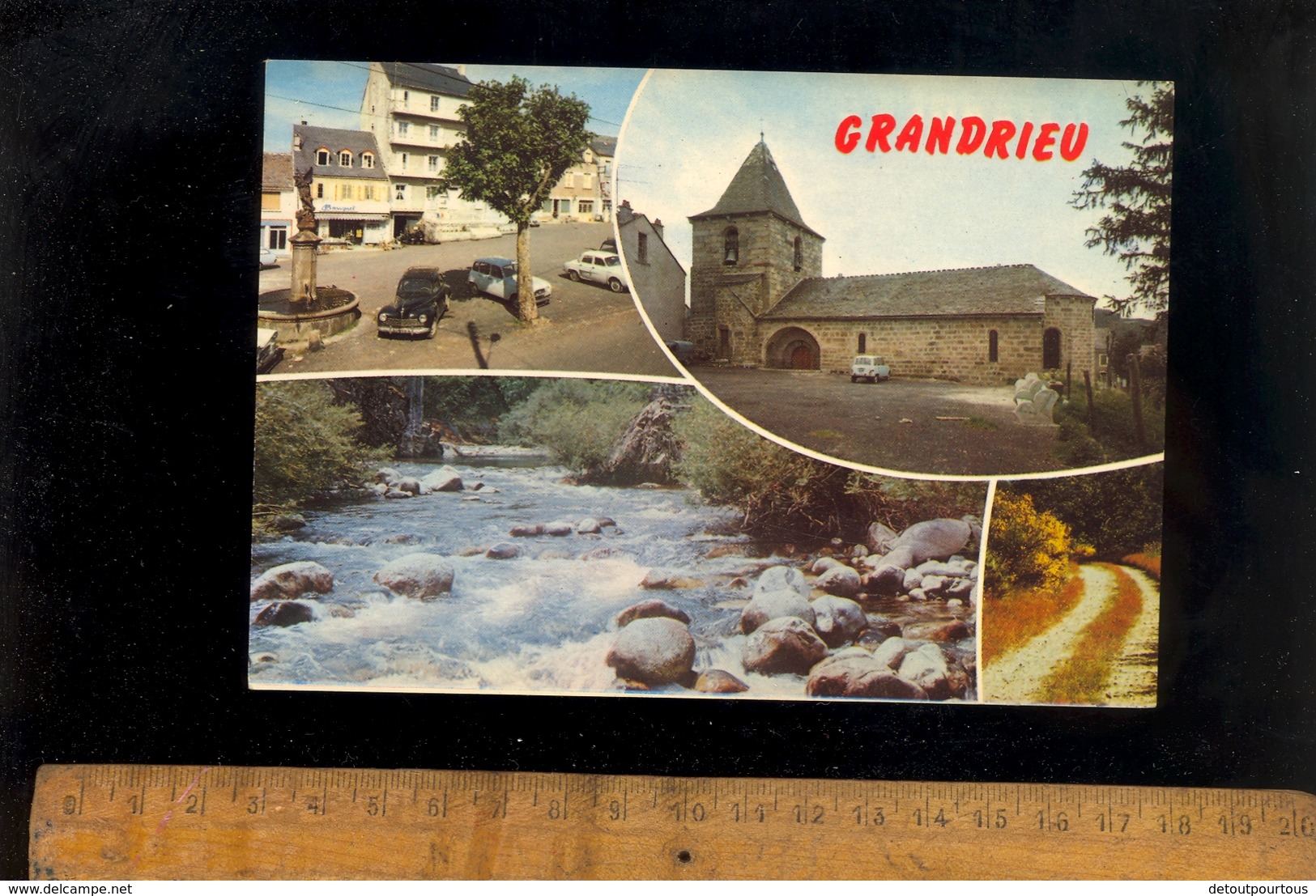 GRANDRIEU Lozère 48 : Multivues Ville  église Place Fontaine / Auto Renault 4L Peugeot 203 - Gandrieux Saint Amans