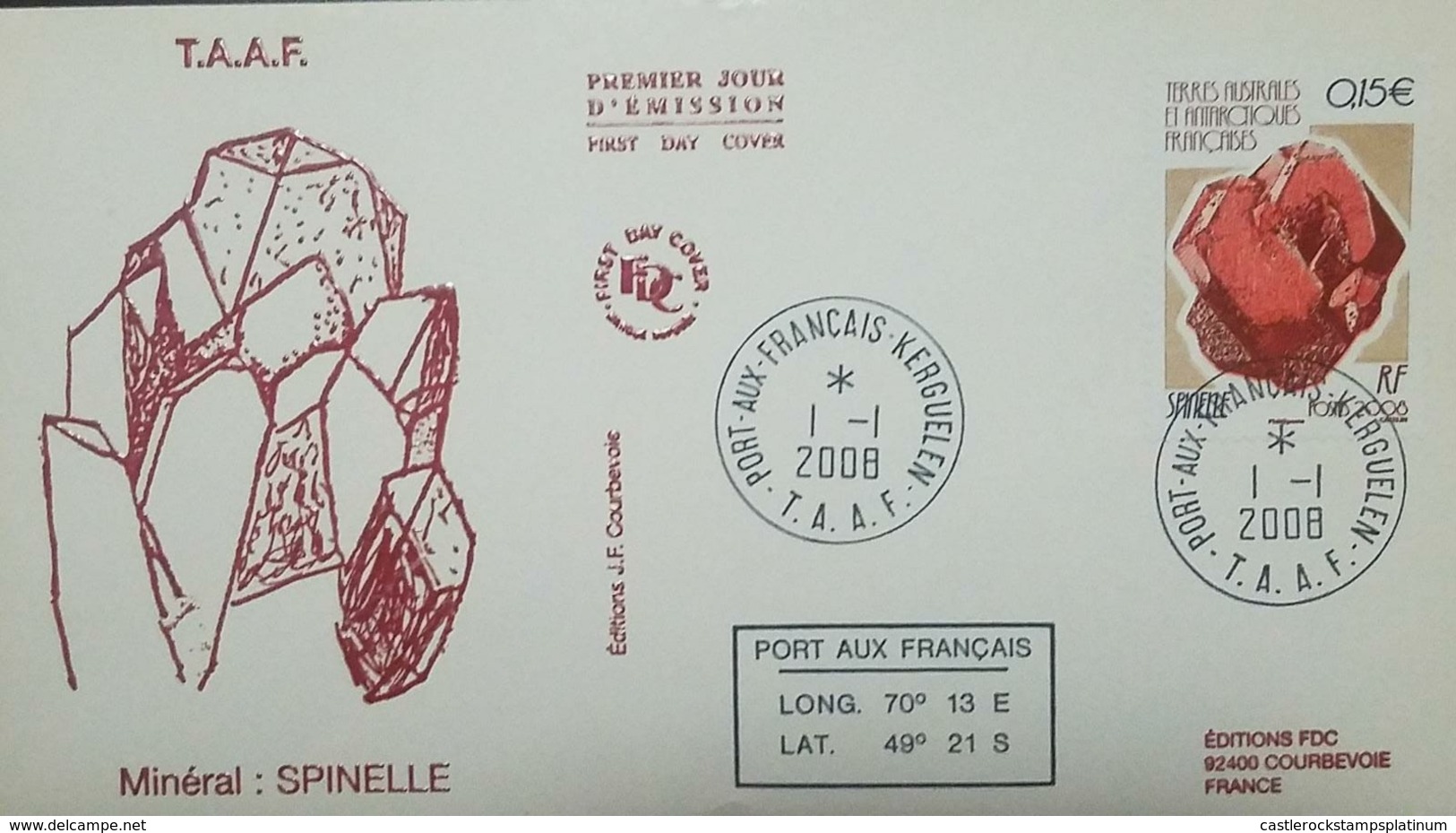 L) 2008 FRENCH SOUTHERN AND ANTARCTIC LANDS, MINERALS, SPINELLE, NATURE, RED, TAAF, FDC - FDC