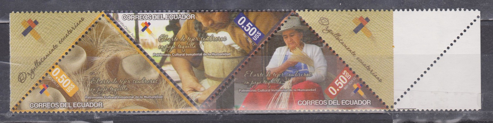 ECUADOR 2013 STRIP 3 TOQUILLA HAT HANDICRAFTS MNH SC# 2097 A-c. - Equateur