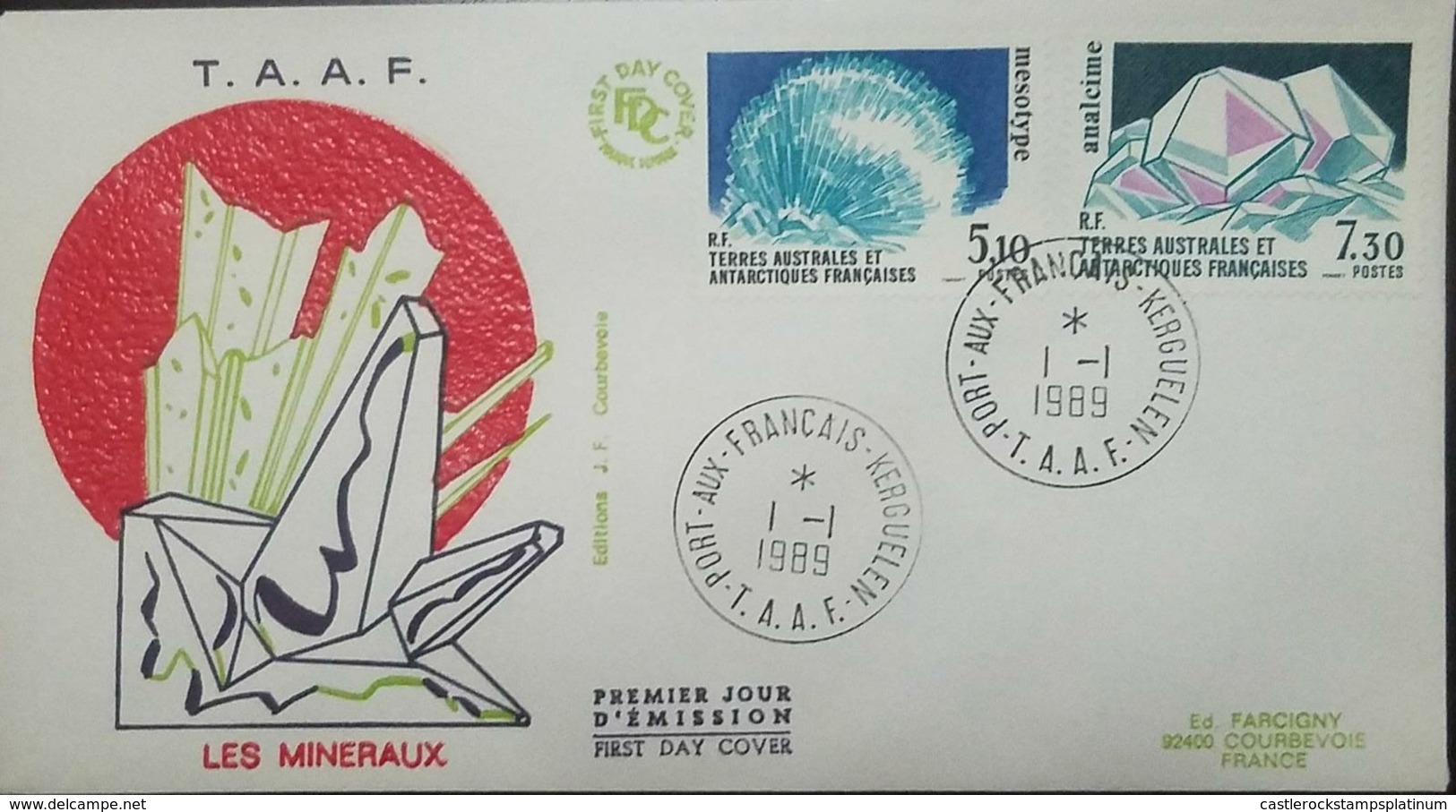 L) 1989 FRENCH SOUTHERN AND ANTARCTIC LANDS, THE MINERALS, MESOTYPE, ANALCIME, TAAF, FDC - FDC