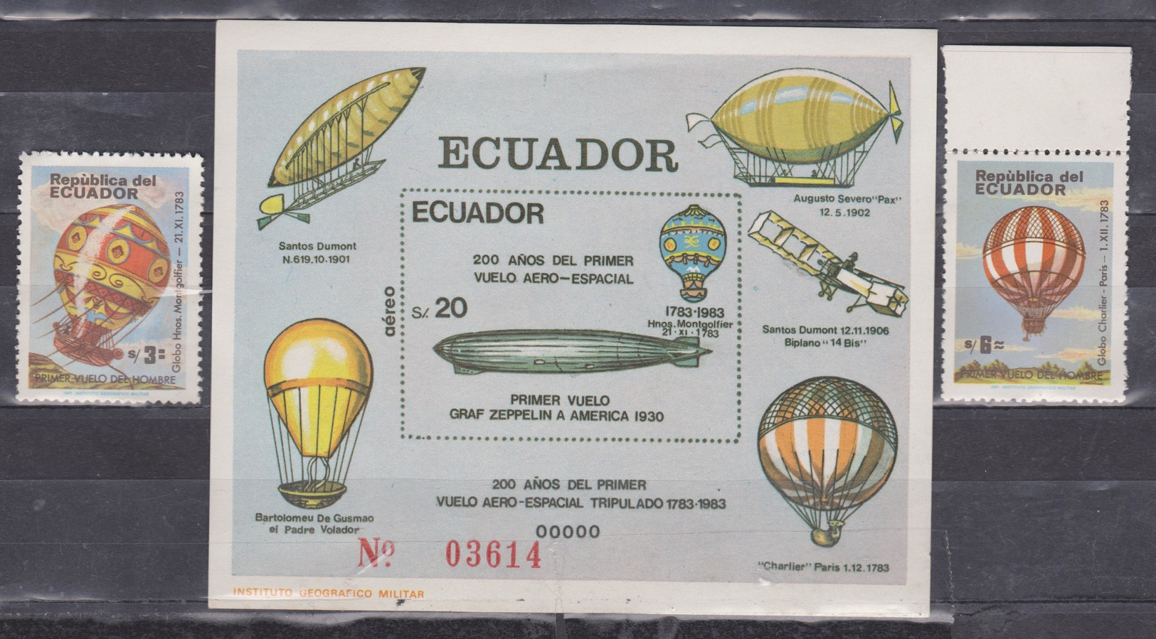 ECUADOR 1984 BICENTENARY OF THE FIRST AERO SPATIAL TRIP ZEPPELIN SOUVENIR + 2 AEROSTATIC BALLOONS MNH SC# 1058-1060 - Equateur