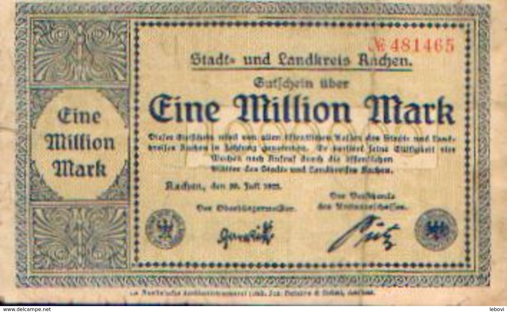 ALLEMAGNE – Stadt= Und Landkreis AACHEN – 20/07/1923 - Billet De Nécessité De 1.000.000 Mark - [11] Lokale Uitgaven