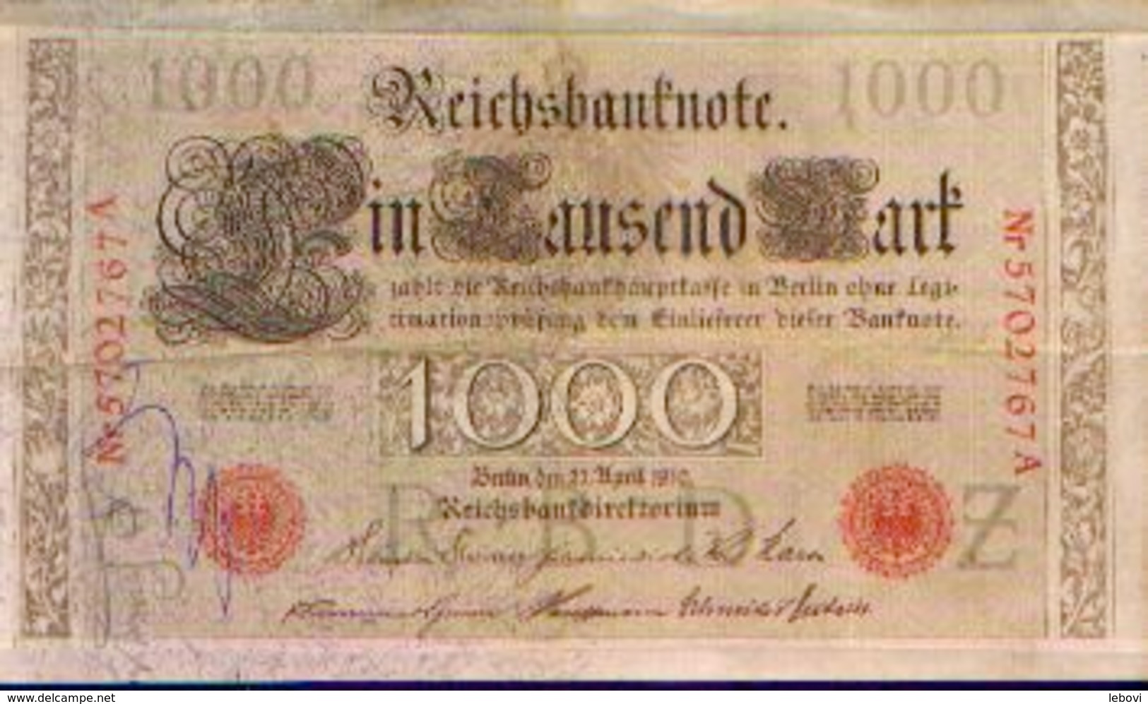 ALLEMAGNE – Reichsbanknote – 1000 Mark (série Rouge) – 21/04/1910 - 1000 Mark
