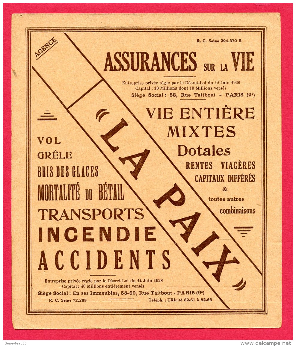 BUVARD 21,5 X 18,5 Cm (Réf : A758) ASSURANCES SUR LA VIE ""LA PAIX"" - Bank & Insurance