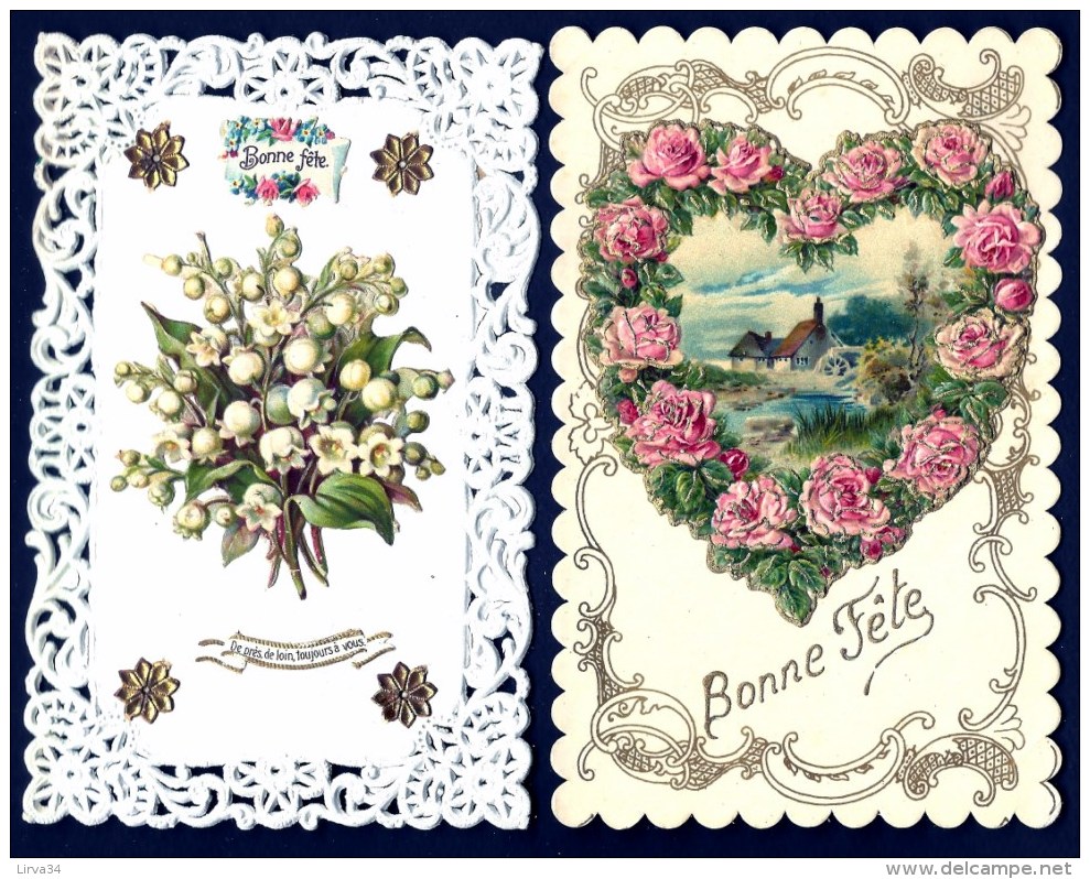 LOT 2 CPA ANCIENNES FRANCE- JOLIES CP FANTAISIES- DECOR GAUFRÉ COLLÉ CISELÉ- COEUR DE ROSES AVEC PAYSAGE + MUGUET - Autres & Non Classés