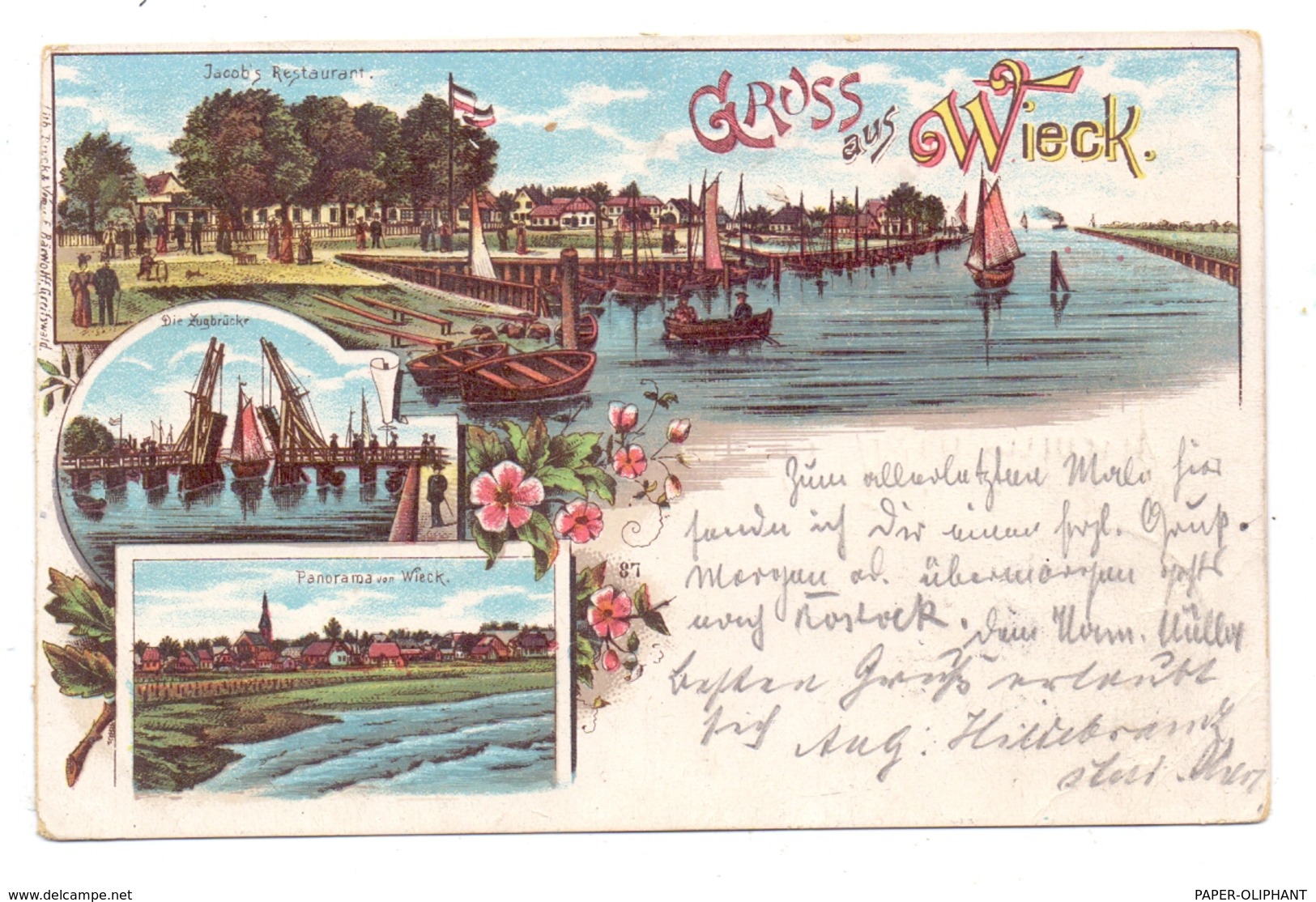 0-2200 GREIFSWALD - WIECK, Lithographie 1897, Jacob's Restaurant, Zugbrücke, Panorama - Greifswald