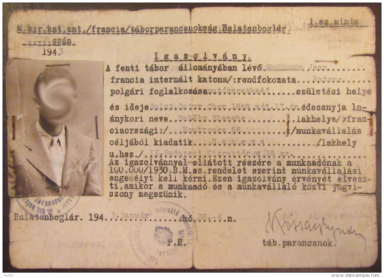 Carte D'identité Hongroise "Igazolvany" D'un Français Habitant à Budapest - 1943 - Documents Historiques