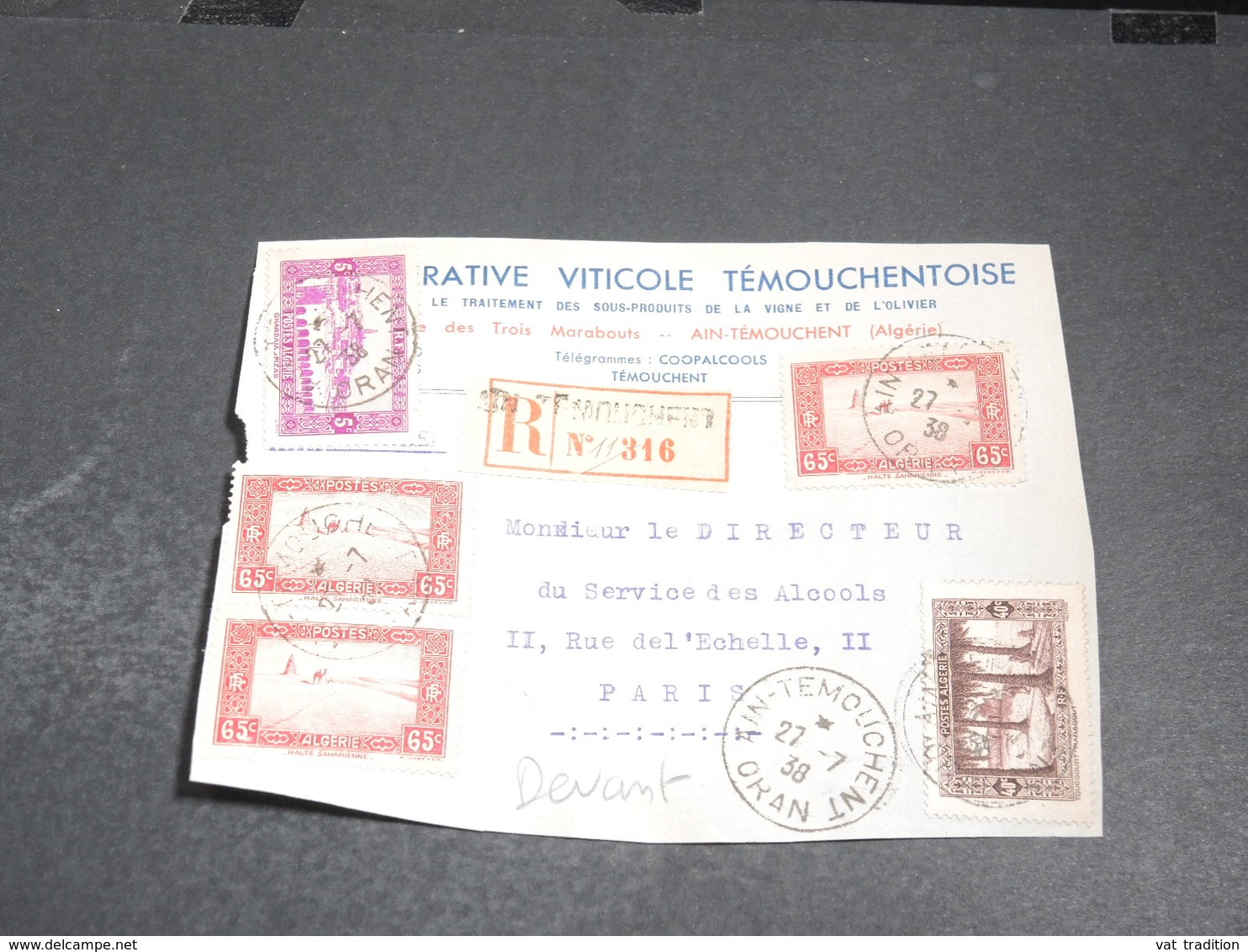 ALGÉRIE - Enveloppe Commerciale ( Devant ) En Recommandé De Ain Temouchent Pour Paris En 1938 - L 20485 - Lettres & Documents