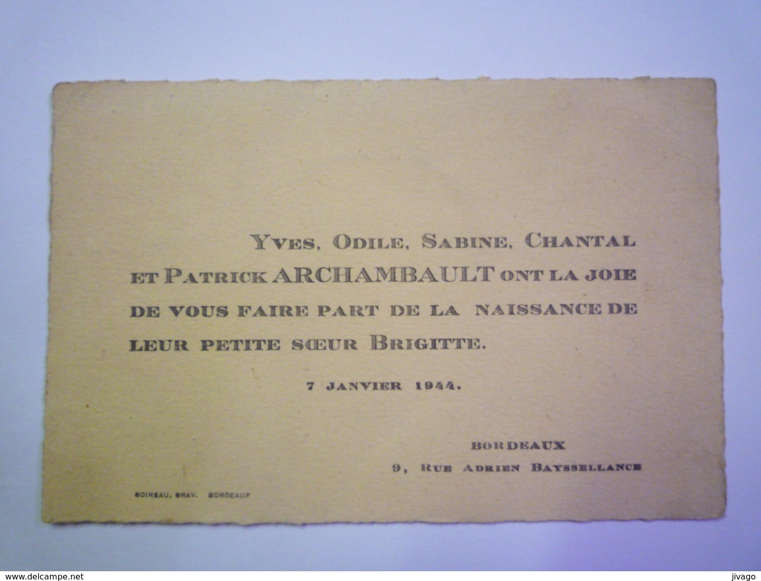 FAIRE-PART De Naissance De  Brigitte  ARCHAMBAULT   7 Janvier 1944  BORDEAUX    - Naissance & Baptême