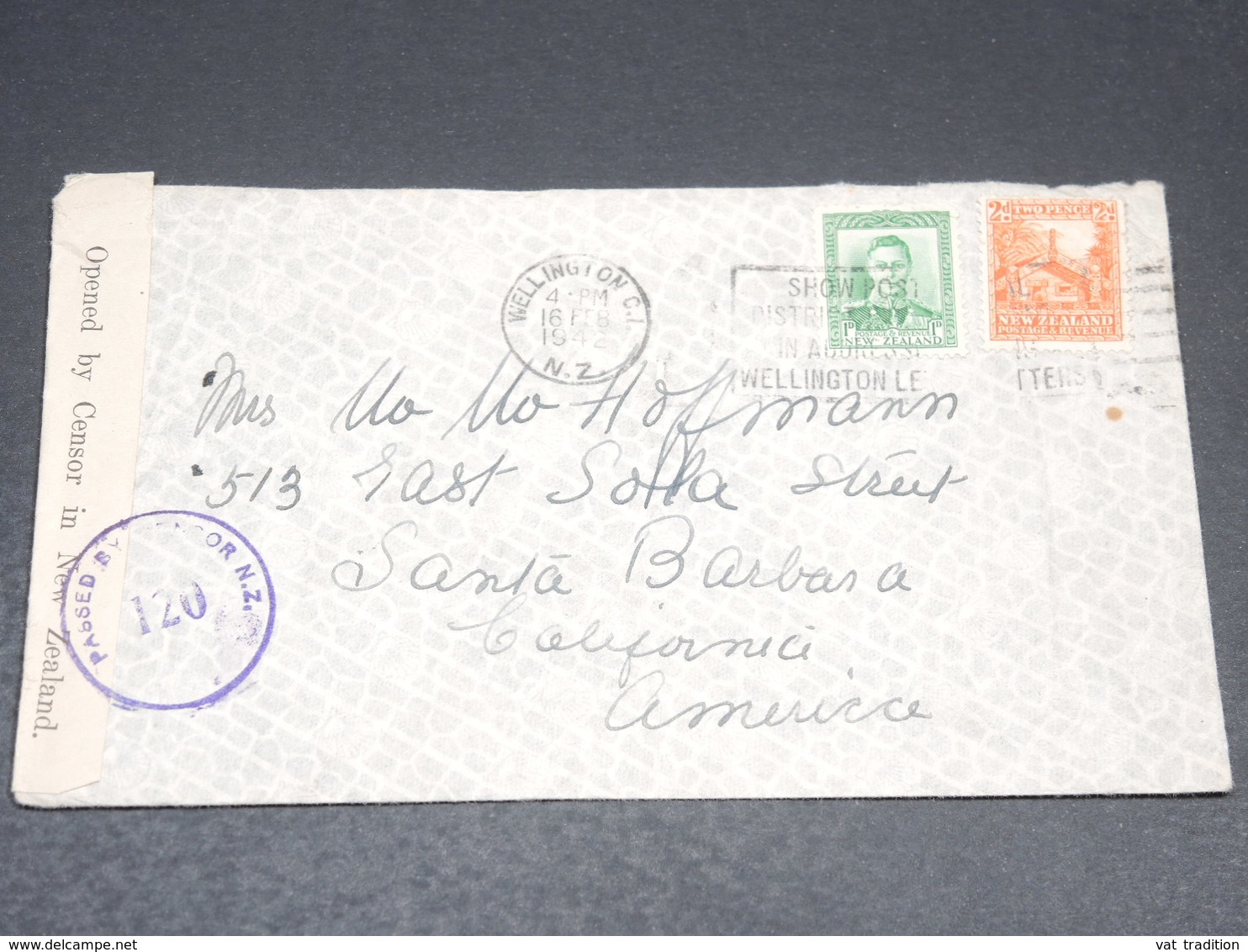 NOUVELLE ZÉLANDE - Enveloppe De  Wellington Pour Santa Barbara En 1942 Avec Contrôle Postal - L 20496 - Briefe U. Dokumente
