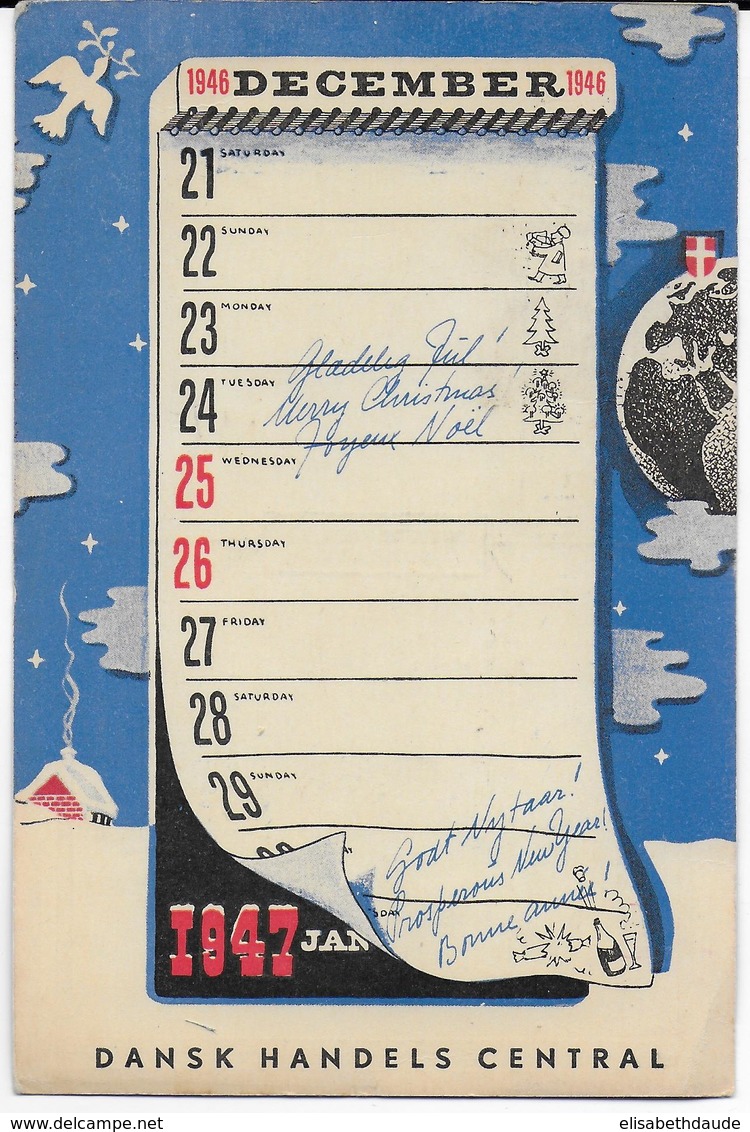 DANEMARK - 1946 - CARTE PUBLICITAIRE ILLUSTREE (CALENDRIER DECEMBRE 1946 AU DOS) De VOEUX NOËL Avec VIGNETTE => PARIS - Lettres & Documents